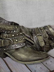 Damen Western Stiefeletten mit Schnallenriemen und Ketten – Grün
