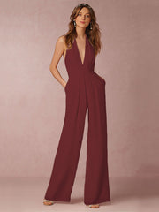 Damen Jumpsuit mit Tiefer V-Ausschnitt – Eleganter Ärmelloser Overall mit Weitem Bein – Burgunderrot
