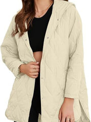 Damen gesteppte Kapuzenjacke mit Druckknopfleiste, seitlichen Schlitzen und mittlerer Länge Nord Taschen – Apricot