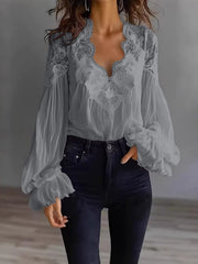 Damen Bluse Mit Langen Puffärmeln Und Spitze – Elegantes Vintage Oberteil – Grau