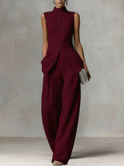 Damen Ärmelloser Leinen-Jumpsuit mit Stehkragen und weitem Bein Nord Taschen – Weinrot