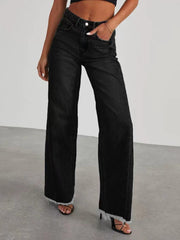 Damen Hochbund-Jeans mit weitem Bein und ausgefranstem Saum Nord Taschen – Schwarz