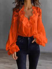 Damen Bluse Mit Langen Puffärmeln Und Spitze – Elegantes Vintage Oberteil – Orange