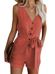 Damen Ärmelloser Knopf Playsuit – Sommer Jumpsuit Mit Gürtel – Orange