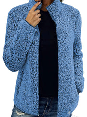Damen kuschelige Teddy-Fleecejacke mit Stehkragen und Reißverschluss Nord Taschen – Blau