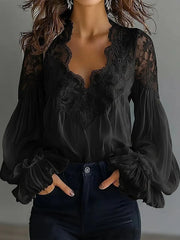 Damen Bluse Mit Langen Puffärmeln Und Spitze – Elegantes Vintage Oberteil – Schwarz