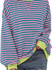 Damen Gestreifter Oversize Pullover mit Kontrastbündchen Nord Taschen – Puderblau - Sofortversand