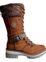 Damen nan gefütterte Schnürstiefel mit gestricktem Schaftbund, dekorativem Schnallenriemen und profilierter Gummisohle Drune – Tiefbraun