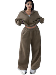 Damen Cropped Oversize-Sweatshirt mit halbem Reißverschluss und weite High-Waist Jogginghose Set Nord Taschen – Olivgrün - Versand heute