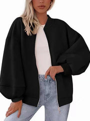 Damen Oversize Bomberjacke mit Ballonärmeln und durchgehendem Reißverschluss Nord Taschen – Schwarz