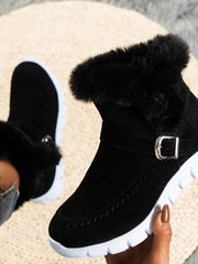Damen nan gefütterte Kurzstiefel mit Kunstfellbesatz, Velourslederoptik, seitlichem Reißverschluss, dekorativer Metallschnalle und profilierter Lightweight-Sohle Drune – Schwarz