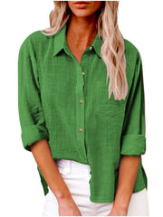 Damen nan oversized Leinen-Baumwollmix Hemdbluse mit Brusttasche und krempelbaren Ärmeln Drune – Grasgrün