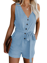 Damen Ärmelloser Knopf Playsuit – Sommer Jumpsuit Mit Gürtel – Himmelblau