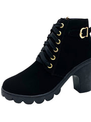 Damen nan elegante Schnür-Stiefelette mit mittlerem Blockabsatz, profilierter Gummilaufsohle und dekorativer Metallschnalle Drune – Schwarz