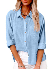 Damen nan oversized Leinen-Baumwollmix Hemdbluse mit Brusttasche und krempelbaren Ärmeln Drune – Himmelblau