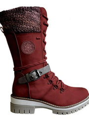 Damen nan gefütterte Schnürstiefel mit gestricktem Schaftbund, dekorativem Schnallenriemen und profilierter Gummisohle Drune – Rot