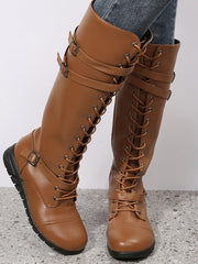 Damen nan kniehohe Military‑inspirierte Schnürstiefel mit seitlichem Reißverschluss verstellbaren Ziergurten und stoßdämpfender Profilsohle Drune – Gelb