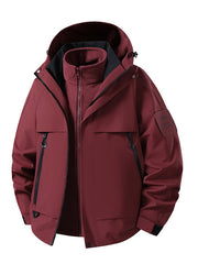 Herren multifunktionale Wasserfeste Softshell-Regenjacke mit abnehmbarer Fleece-Innenjacke Nord Taschen – Burgunderrot【Fleece 3-in-1】