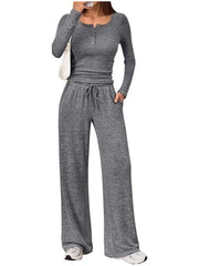 Damen Zweiteiliges Feinstrick-Lounge-Set mit Henley-Top und Palazzo-Hose Nord Taschen – Dunkelgrau