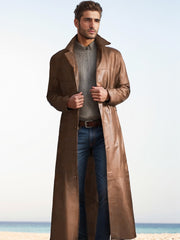 Herren Langer Ledermantel im Trench-Stil mit schmaler Silhouette und Stehkragen Nord Taschen – Khaki