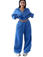 Damen Cropped Oversize-Sweatshirt mit halbem Reißverschluss und weite High-Waist Jogginghose Set Nord Taschen – Royalblau - Sofortversand