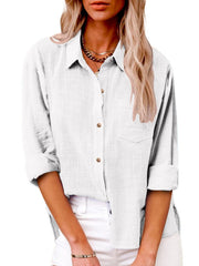 Damen nan oversized Leinen-Baumwollmix Hemdbluse mit Brusttasche und krempelbaren Ärmeln Drune – Weiß