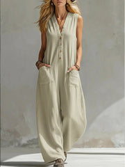 Damen Ärmelloser V-Ausschnitt Jumpsuit – Weites Bein Mit Taschen – Grün