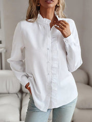 Damen nan strukturierte Bluse mit Rüschenknopfleiste und Stehkragen Drune – Weiß