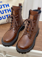 Damen nan knöchelhohe Combat-Boots in Lackoptik mit robuster Profilsohle und seitlichem Reißverschluss Drune – Braun