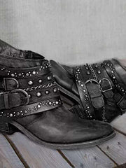 Damen Western Stiefeletten mit Schnallenriemen und Ketten – Schwarz