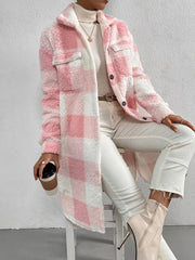 Damen Langmantel mit Karomuster und Taschen – Pink-Weiße Karos