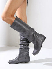 Damen nan knielange Slouch-Stiefel mit weichem Schaft und niedrigem Blockabsatz Drune – Grau Flachsohle