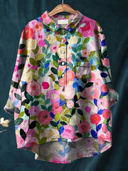 Elena | Damenbluse leicht aus Baumwolle und Leinen mit Print – Rosa