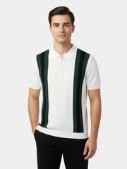 Poloshirt Herren | Retro Strick-Polo mit Kontraststreifen & Reißverschluss – Weiß
