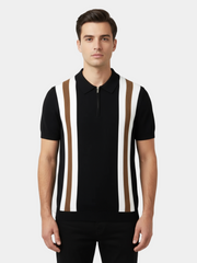 Poloshirt Herren | Retro Strick-Polo mit Kontraststreifen & Reißverschluss – Schwarz