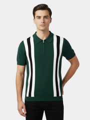 Poloshirt Herren | Retro Strick-Polo mit Kontraststreifen & Reißverschluss – Grün