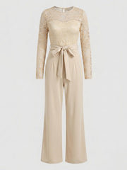 Damen Eleganter Jumpsuit mit Spitzenoberteil und tailliertem Bund – Aprikose