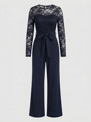 Damen Eleganter Jumpsuit mit Spitzenoberteil und tailliertem Bund – Marineblau