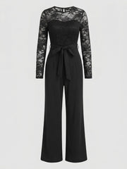 Damen Eleganter Jumpsuit mit Spitzenoberteil und tailliertem Bund – Schwarz