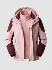 Damen wasserdichte zweilagige Outdoor-Jacke mit Kapuze, atmungsaktive Membran und verstellbarem Saum Nord Taschen – Damen Pink-Weinrot (2-teilig)