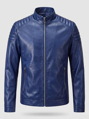 Herren Fitted Lederlook Motorradjacke mit vertikalem Reißverschluss und gepolsterten Schulterpaneelen Nord Taschen – Dunkelblau 801