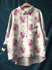 Elena | Damenbluse leicht aus Baumwolle und Leinen mit Print – Rosa Rot