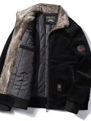 Herren Bomberjacke mit Plüschkragen und Taschen – Schwarz