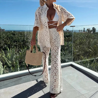 Zweiteiliges Damen Spitzen-Outfit mit Weiten Hosen – Livia