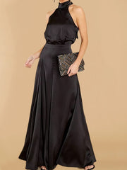 Damen-Jumpsuit mit Neckholder und weitem Bein – Schwarz