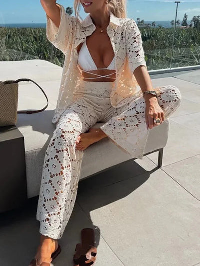 Zweiteiliges Damen Spitzen-Outfit mit Weiten Hosen – Livia
