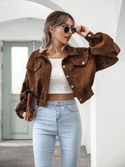 Sofia | Damen Cropped Jacke mit Taschen und Knöpfen – Kastanienbraun