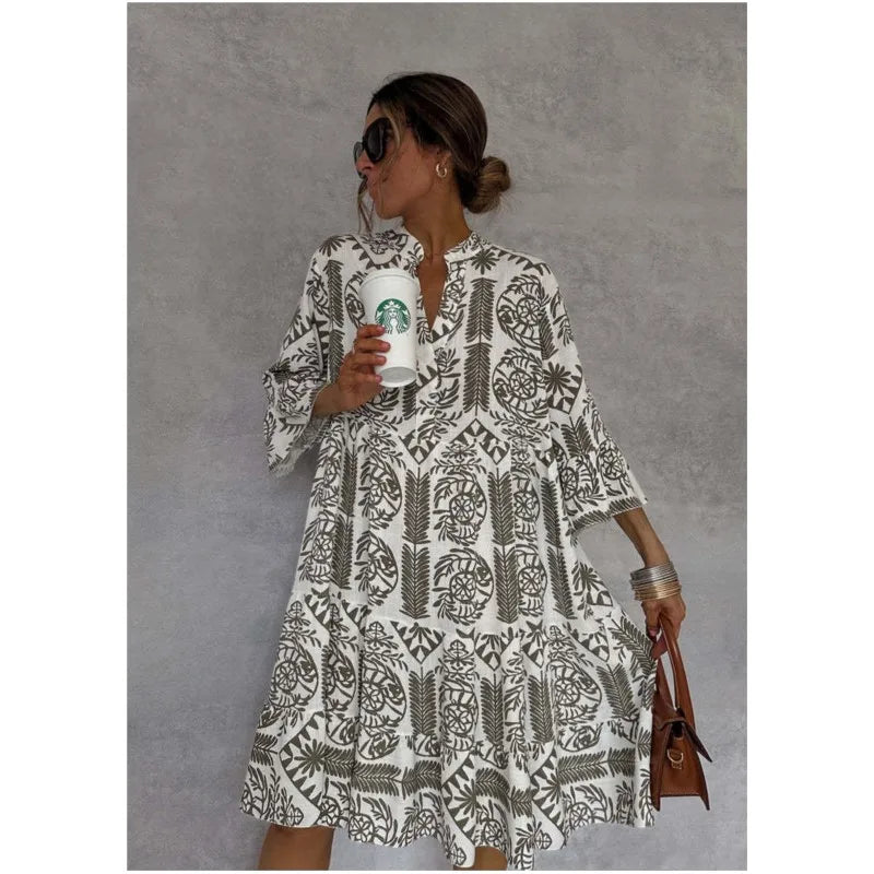 Adeline | Gedrucktes V-Ausschnitt A-Linien Rockkleid