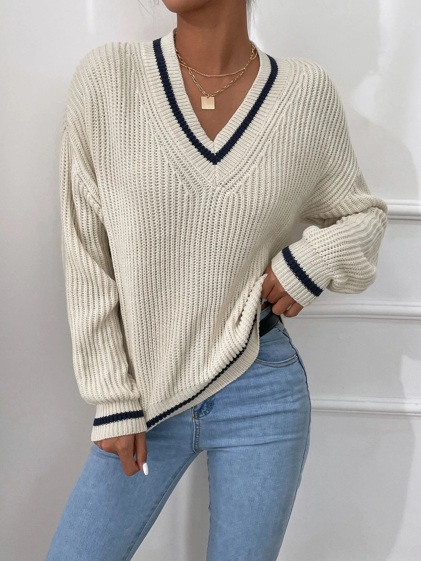 Marina | Gestreifter Waffelstrick-Pullover
