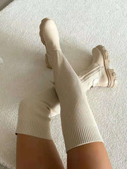 Annika | Damen Gerippte Stiefel mit klobiger Sohle – Beige